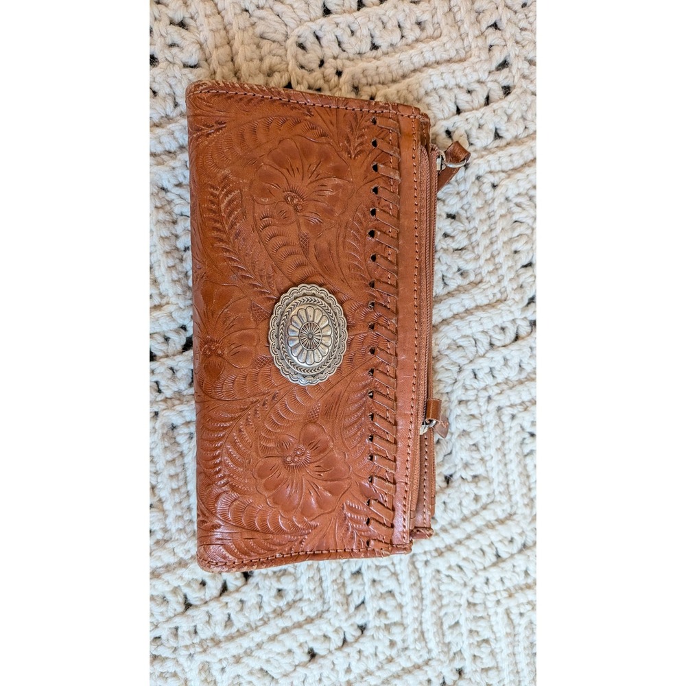 American West Tooled Leather Concho‎ Bifold Wallet Brown Floral Western